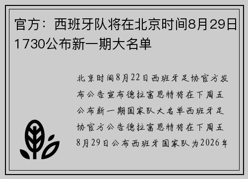 官方：西班牙队将在北京时间8月29日1730公布新一期大名单
