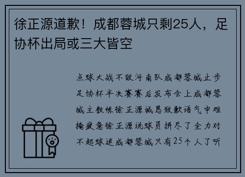 徐正源道歉！成都蓉城只剩25人，足协杯出局或三大皆空